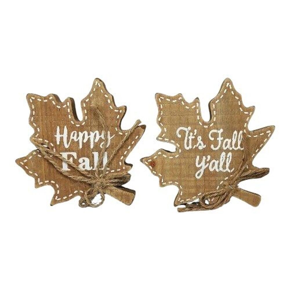 Lot of 2 Happy Fall It's Fall Y'all Wooden Maple Leaf Tabletop Decor Shelf